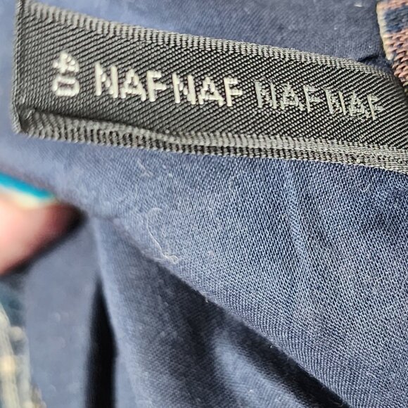 Naf Naf Beige Plaid Cotton Pleated Front V-Neck Tunic Dress - Picture 5 of 9